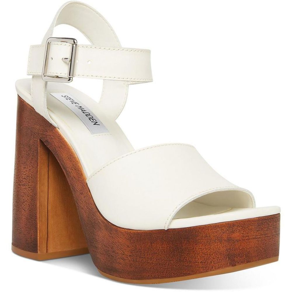 Steve Madden Womens Kye White Leather Platform Open Toe Block Heels New